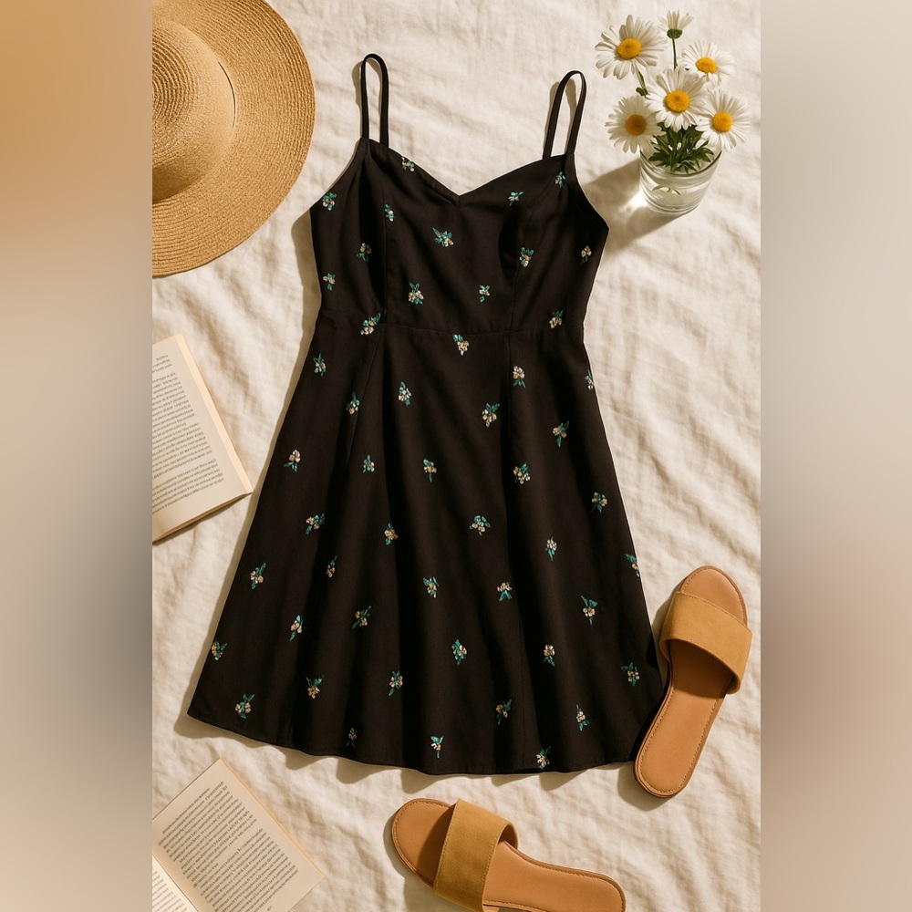 Old Navy Black Floral Fit-and-Flare Sundress Size Medium